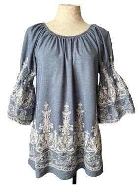 Country Living Boho Embroidered Chambray Tunic Blouse - Blue with Bell Sleeves